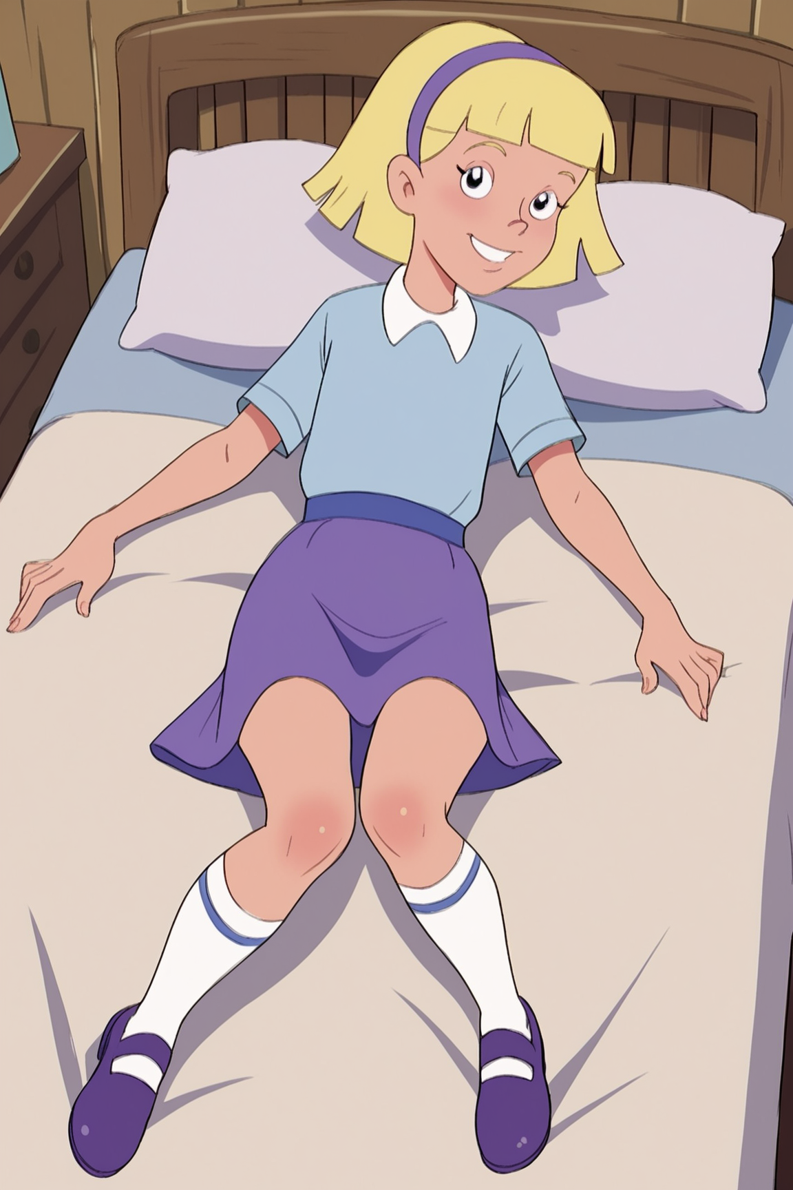 score_9, score_8_up, score_7_up, score_6_up, BREAK, AnnikaSPLXL, retro artstyle, blonde hair, short hair, blunt bangs, purple hairband, female child, flat chest, white collar shirt, blue shirt, short sleeves, purple skirt, white socks, purple shoes, solo, full body, lying on bed, seductive smile, looking at viewer, indoors <lora:AnnikaSPLXL:1>