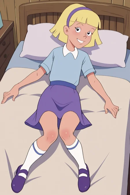 score_9, score_8_up, score_7_up, score_6_up, BREAK, AnnikaSPLXL, retro artstyle, blonde hair, short hair, blunt bangs, purple hairband, female child, flat chest, white collar shirt, blue shirt, short sleeves, purple skirt, white socks, purple shoes, solo, full body, lying on bed, seductive smile, looking at viewer, indoors <lora:AnnikaSPLXL:1>