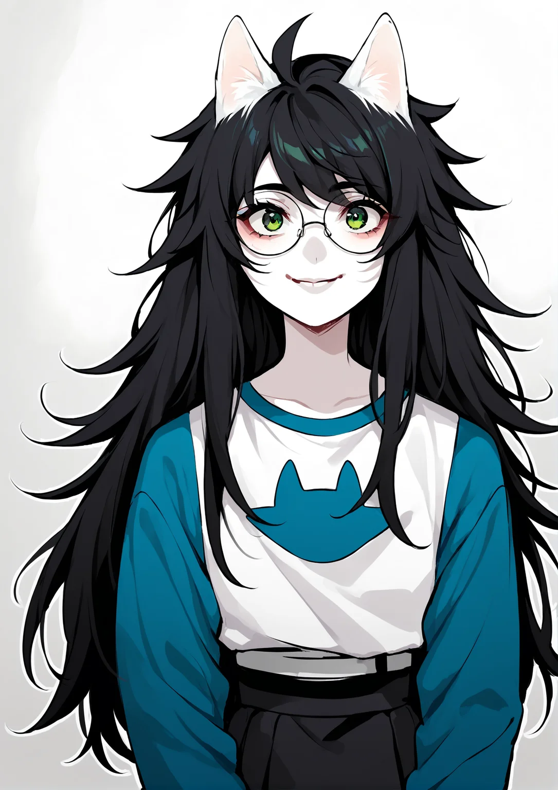 score_9, score_8_up, score_7_up, score_6_up, score_5_up, score_4_up, 2d, anime, anime artstyle, simple shadows, flat coloring, flat shadows, thick lines, white outline, jadeharleystart <lora:Jade_Harley_-_Homestuck__Variant_outfits_-_SDXL_Pony:0.9>, 1girl, solo, black hair, long hair, glasses, green eyes, smile, long sleeves, blue sleeves, shirt, skirt, white shirt, monochrome, white skin, upper body, dog ears source_anime