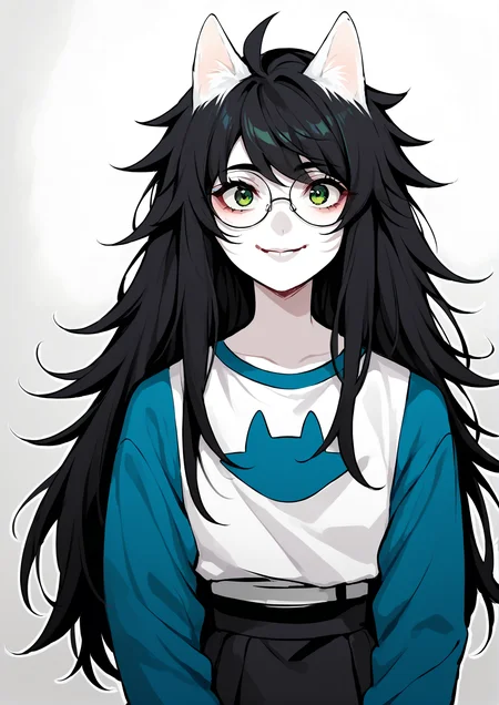 score_9, score_8_up, score_7_up, score_6_up, score_5_up, score_4_up, 2d, anime, anime artstyle, simple shadows, flat coloring, flat shadows, thick lines, white outline, jadeharleystart <lora:Jade_Harley_-_Homestuck__Variant_outfits_-_SDXL_Pony:0.9>, 1girl, solo, black hair, long hair, glasses, green eyes, smile, long sleeves, blue sleeves, shirt, skirt, white shirt, monochrome, white skin, upper body, dog ears source_anime