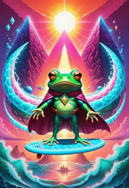 A surreal scene featuring a Quantum-Pickle Frogsurfer, a humanoid frog with slick, green, semi-translucent skin resembling pickles, balancing effortlessly on a glowing quantum energy surfboard. The surfboard emits trails of neon pink and cyan light, warping space-time around it with rippling, kaleidoscopic effects. The frog wears retro-futuristic shades, a neon headband, and a billowing vaporwave-patterned cape. The background is a swirling ocean of liquid rainbows, punctuated by floating geometric shapes and glowing pyramids. Above, a gridline sunset in vibrant magentas and oranges radiates retro-futuristic vibes. The atmosphere is absurd and dreamlike, with bright, high-contrast colors and a playful, surreal tone. Style is vivid vaporwave surrealism, blending clean geometric lines with organic absurdity.