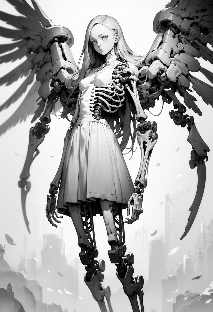 (score_9, score_8_up, score_7_up), zPDXL, 1girl, solo, long hair, looking at viewer, skirt, dress, closed mouth, standing, monochrome, greyscale, wings, feathered wings, android, joints, mechanical arms, cyborg, ribs, skeleton, mechanical parts, mechanical legs, spine
<lora:BioPunky:0.8>