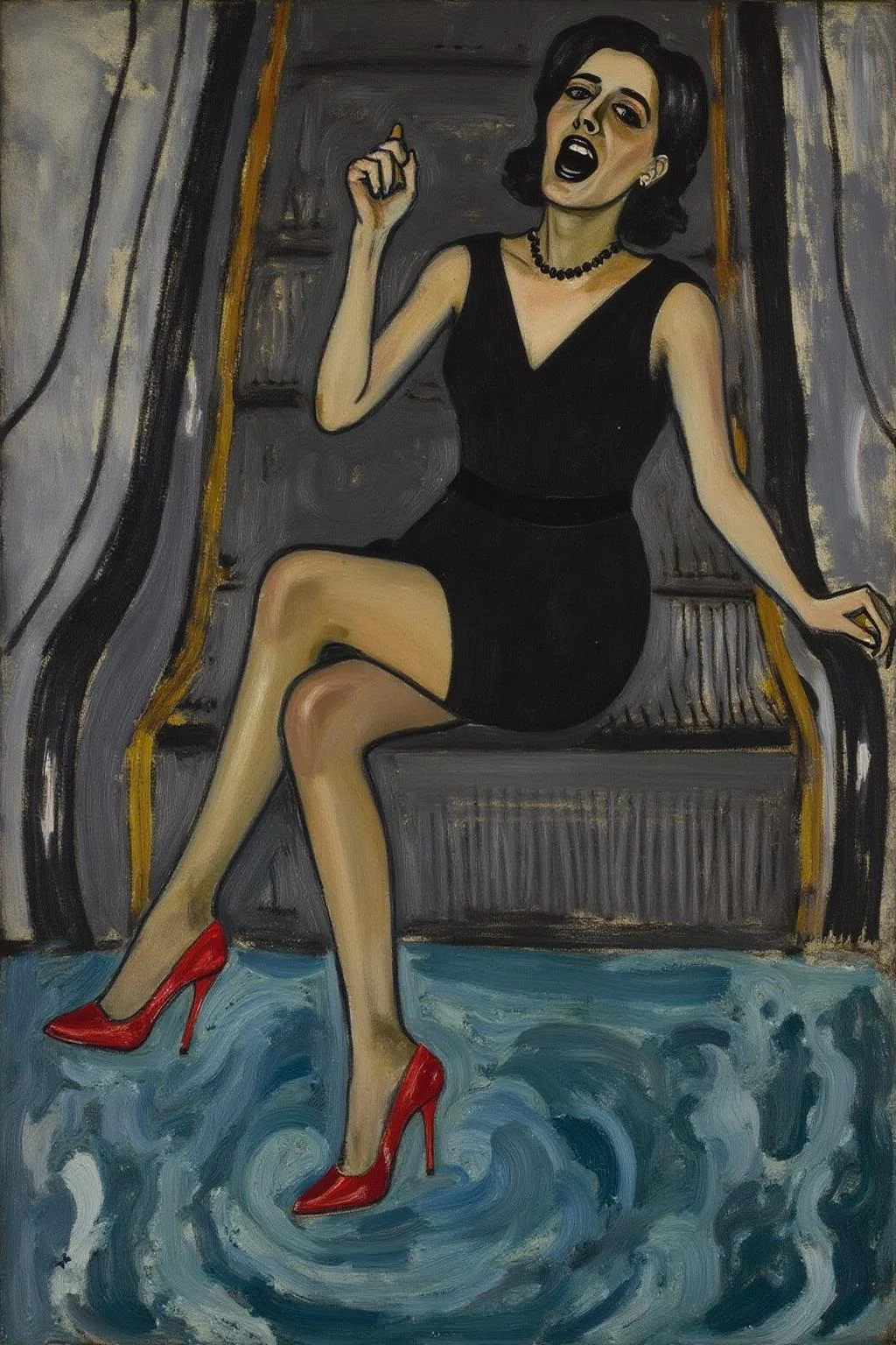 aliceneel1 painting.
A woman in a chic little black dress and red high heels, gracefully descending an escalator. She wears black lipstick and is screaming. The escalator leads downwards into a pool of rippling blue water.
<lora:aliceneel1_cap_d6a3e12:1.0><lora:842449103725043534:0>