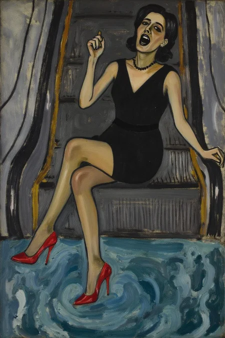 aliceneel1 painting.
A woman in a chic little black dress and red high heels, gracefully descending an escalator. She wears black lipstick and is screaming. The escalator leads downwards into a pool of rippling blue water. 
 <lora:aliceneel1_cap_d6a3e12:1.0><lora:842449103725043534:0>