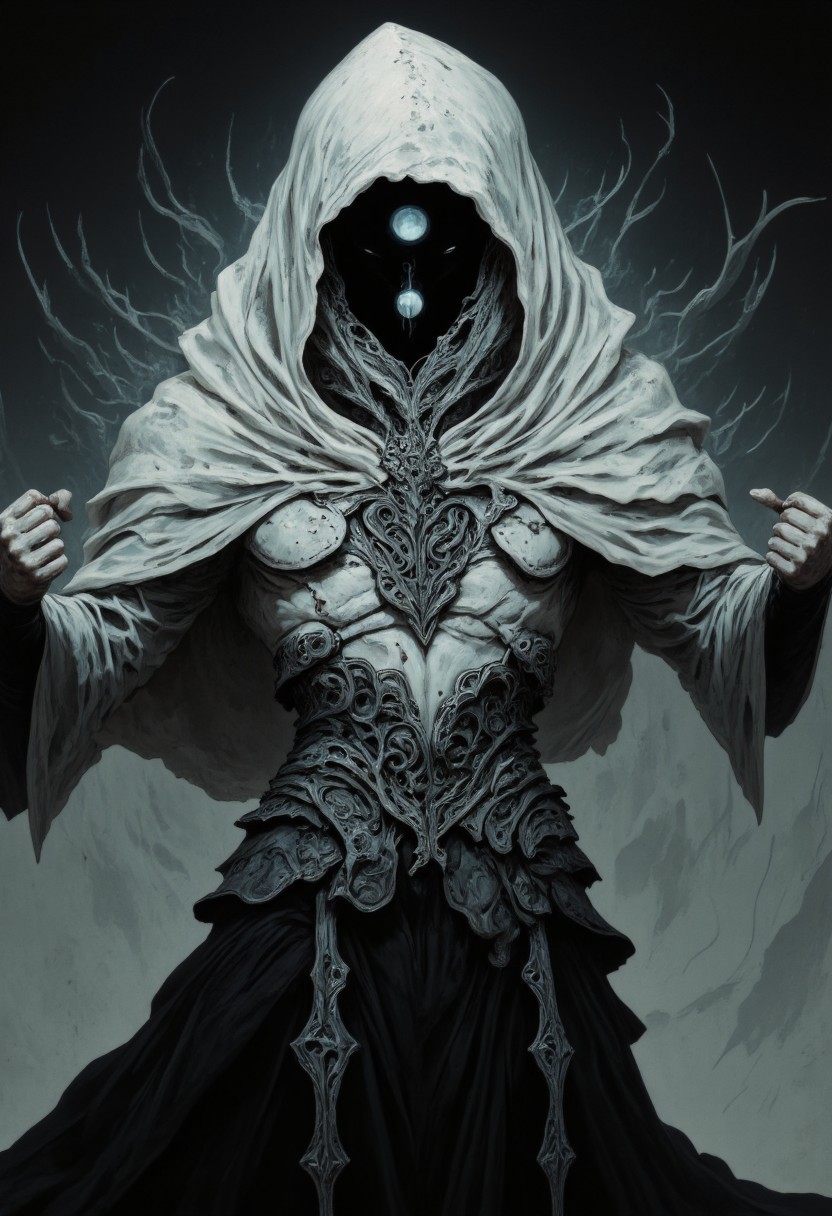 Faceless Entity in Focus, Extreme Closeup Portrait, Sword Slash Fight stance assassinkahb, a Hooded Being with no face, the hood pulled deep into the void where a face should be, emanating an aura of dystopia and omnipotence, with long billowing hair, shaded eyes, billowing translucent DARK greyscale and white cape, Like a marionette with strings extending from its limbs into the vast universe above, Headshot, Fight stance, enigmatic soul knight wielding a katana, New space age discotheque, Standing in a dynamic Action Shot with fists Up, in front of a Spaceship window framing a vibrant lunar Eclipse, atmospheric haze, Film grain, cinematic film still, highly detailed, high budget, cinemascope, moody, epic, rich Overall Detail, hauntingly gorgeous, 2000s vintage RAW photo style, photorealistic, candid camera, color graded cinematic, subtle reflections on the hood, atmospheric lighting, natural imperfections, shallow depth of field.