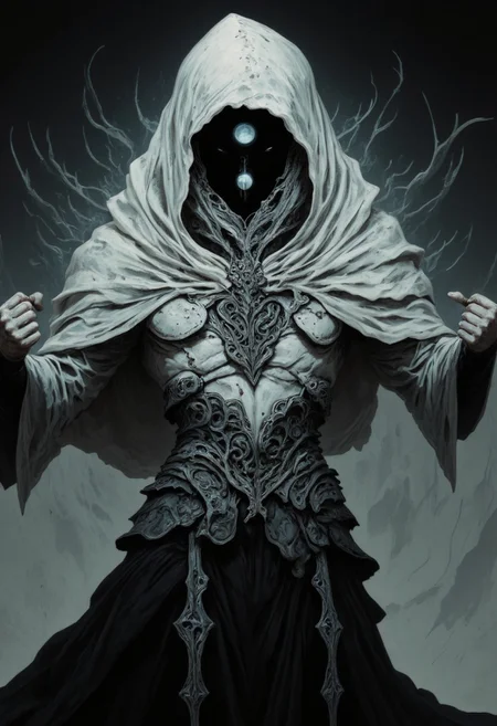 Faceless Entity in Focus, Extreme Closeup Portrait, Sword Slash Fight stance assassinkahb, a Hooded Being with no face, the hood pulled deep into the void where a face should be, emanating an aura of dystopia and omnipotence, with long billowing hair, shaded eyes, billowing translucent DARK greyscale and white cape, Like a marionette with strings extending from its limbs into the vast universe above, Headshot, Fight stance, enigmatic soul knight wielding a katana, New space age discotheque, Standing in a dynamic Action Shot with fists Up, in front of a Spaceship window framing a vibrant lunar Eclipse, atmospheric haze, Film grain, cinematic film still, highly detailed, high budget, cinemascope, moody, epic, rich Overall Detail, hauntingly gorgeous, 2000s vintage RAW photo style, photorealistic, candid camera, color graded cinematic, subtle reflections on the hood, atmospheric lighting, natural imperfections, shallow depth of field.