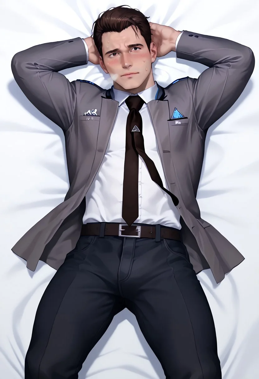 safe_pos, perfect anatomy, perfect proportions, best quality, masterpiece, high_resolution, high quality, best quality, best aesthetic, incredibly absurdres, highres, extremely detailed, huge filesize, male focus, solo male, adult, mature, masculine, handsome, charming, alluring, gay, bara, detailed face, middle aged, Connor, RK800, semi-formal grey jacket, white shirt, dark necktie, dark pants, footwear, BREAK full body, feet in frame, lying on back, from above, white sheet, dakimakura, solo, hand behind head, outstretched legs, randon pose, seductive pose, look at viewer, lewd expression, aroused face, flushed face, enticed, bashful, blush lines, intense blushing, embarrassed, heavy breathing, steamy, horny, lustful, simple white background, dramatic lighting, homoerotic,