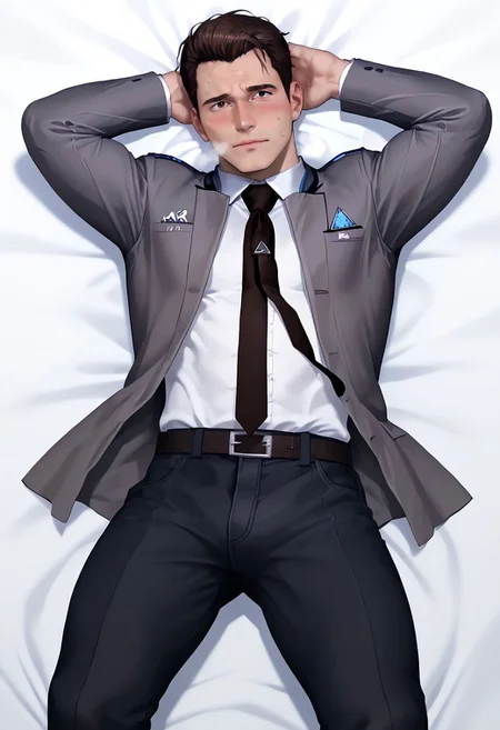 safe_pos, perfect anatomy, perfect proportions, best quality, masterpiece, high_resolution, high quality, best quality, best aesthetic, incredibly absurdres, highres, extremely detailed, huge filesize, male focus, solo male, adult, mature, masculine, handsome, charming, alluring, gay, bara, detailed face, middle aged, Connor, RK800, semi-formal grey jacket, white shirt, dark necktie, dark pants, footwear, BREAK full body, feet in frame, lying on back, from above, white sheet, dakimakura, solo, hand behind head, outstretched legs, randon pose, seductive pose, look at viewer, lewd expression, aroused face, flushed face, enticed, bashful, blush lines, intense blushing, embarrassed, heavy breathing, steamy, horny, lustful, simple white background, dramatic lighting, homoerotic,