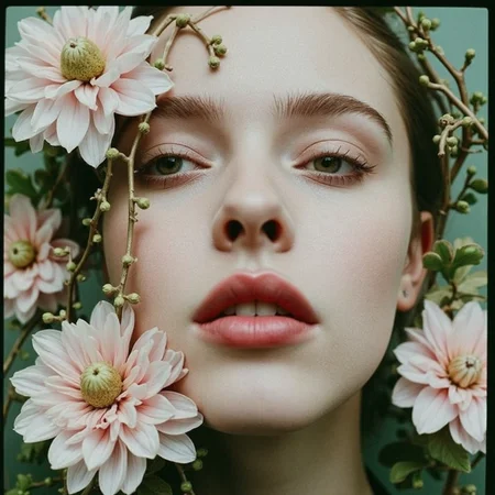 analog film photo surrealist art ultra realistic, ultra detailed, ultra quality, ultra lighting, cinematic, ethereal ambience, ethereal presence , surreal close-up analog portrait of a womanâs face surrounded tightly by overgrown soft pink peonies and dusty green vines, flowers gently framing her head like a living baroque collar, skin softly glowing, lips parted and glossed, gaze lifted as if in trance, hair hidden under petals, shot on Contax G2 with Kodak Portra 160, low contrast and gentle blooming highlights, floral still life meets human beauty, feminine, poetic, slightly uncanny
<lora:Beautifulartisticportraitsv.1.4:1> aesthetic, surr34l . dreamlike, mysterious, provocative, symbolic, intricate, detailed, RAW candid cinema, 16mm, color graded portra 400 film, remarkable color, ultra realistic, textured skin, remarkable detailed pupils, realistic dull skin noise, visible skin detail, skin fuzz, dry skin, shot with cinematic camera . faded film, desaturated, 35mm photo, grainy, vignette, vintage, Kodachrome, Lomography, stained, highly detailed, found footage