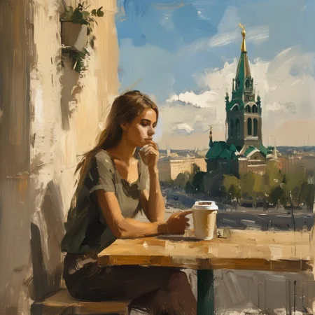 bichu,masterpiece,oil painting,cinematic scene, 20 year old girl, sitting at outdoor cafe balcony, she looked at the peaceful, sunlit Moscow square, high rise Moscow background, holding coffee cup pausing for a sip, sunshine lighting her face, relishing the aroma, focused placid expression, wearing stylish sundress, natural makeup look, intricate wood table details, compatibility and coziness, soft bokeh of traffic below, extremely detailed portrait, photorealistic materials, contentment during me-time, high resolution, shallow depth of field