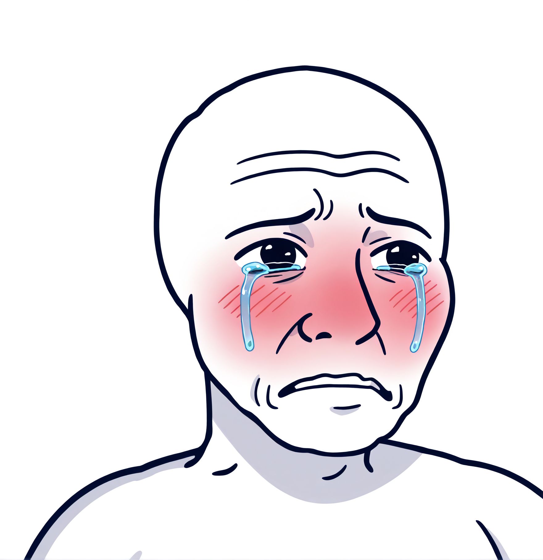toon \(style\), 2d,
<lora:Wojak_style:1.1>Wojak style,
solo,1boy,
cry  , blush,
 bald,wojak,
white background, simple background, 
white skin,ugly man,