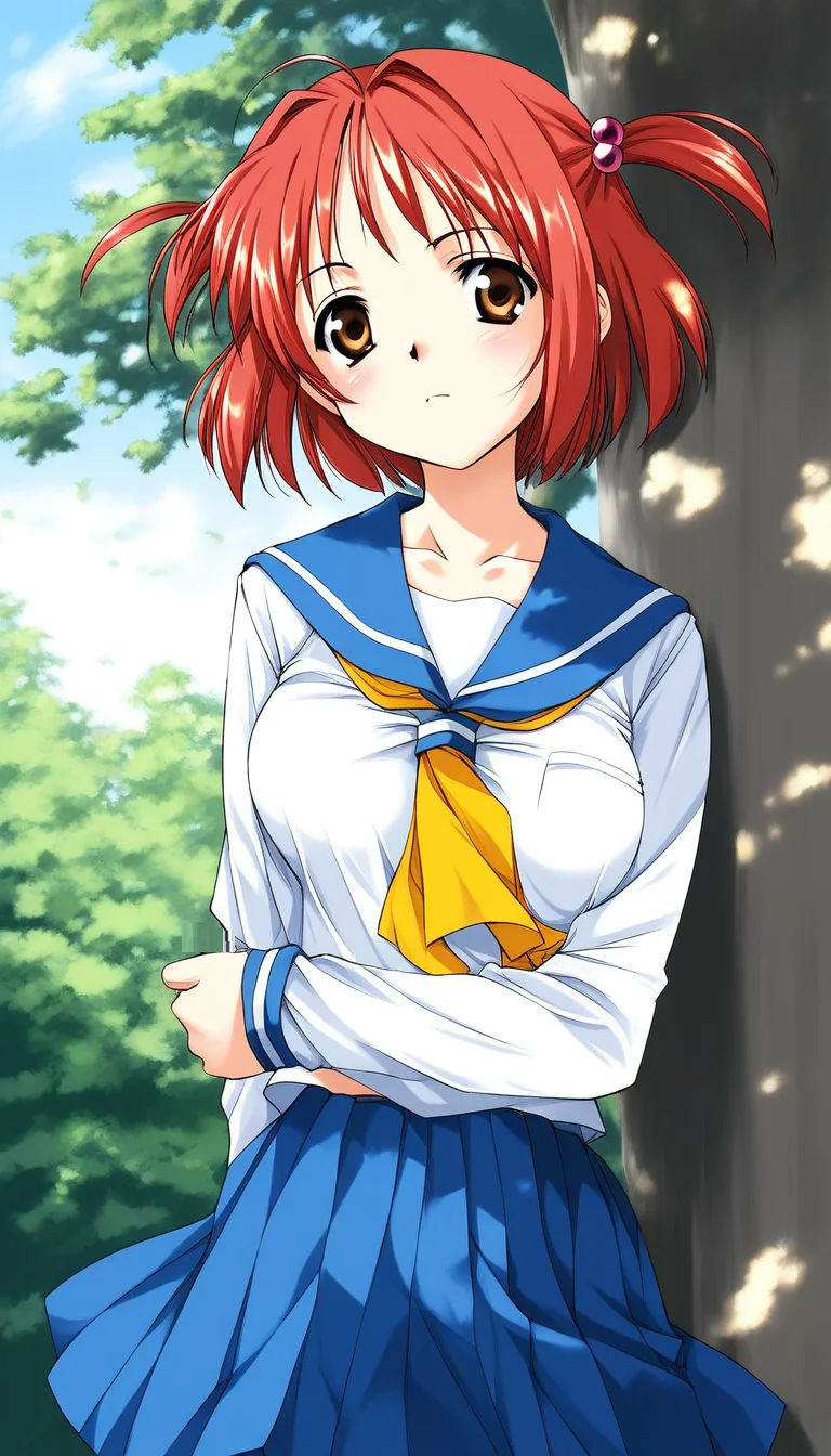 score_9, score_8_up, score_7_up, source_anime, rating_explicit, BREAK <lora:Megumi_Ver2.0_XL:0.9> Megumi, red hair, short hair, hair bobbles, brown eyes, hair ornament, two side up, twintails, breasts,
1girl, solo, school uniform, serafuku, blue skirt, sailor collar,
outdoor, day,