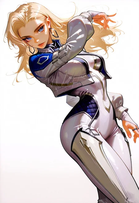 score_9, score_8_up, score_7_up, score_6_up, semi realistic, (au \(d elete\):1.2), 96yottea,masterpiece, best quality, very aesthetic, absurdres, solo, ((1girl)), dagger_mvr, blue eyes, blonde hair, long hair, hair behind ear, hoop earrings, white bodysuit, skin tight, white jacket, cropped jacket, white footwear, white gloves, bridal gauntlets,posing, sexy pose, simple white background,looking at viewer, dynamic camera angle, dyannamix, tight clothing