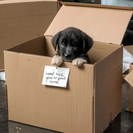 sad puppy in box with a sign saying "Need buz for good home"