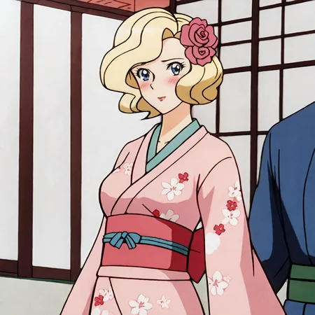 <lora:lori&loumazinkaiser_pony_v1:.7>  Lori&LoruMazinKaiserPinkDress, 1girl, blonde hair, medium breasts, short hair, blue eyes,  cowboy shot,, japanese clothes, kimono, hair ornament, blush, hair flower, pink kimono, sash, obi, floral print, wide sleeves
