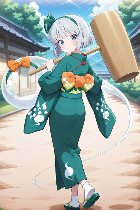absurdres, highres, masterpiece, best quality, amazing quality, official anime artwork, screencap, anime screencap, outdoors, looking at viewer,
 <lora:Youmu-Konpaku_IllustriousV2:1> konpaku youmu, 1girl, solo, blue eyes, grey hair, short hair,, konpaku youmu \(misfortune-warding gardener\), alternate costume, green hairband, hair bow, green bow, green kimono, print kimono, hitodama print, green sash, wide sleeves, tabi, green sandals, sheath, ghost, new year, back bow, orange bow, large bow, holding mallet, kine,