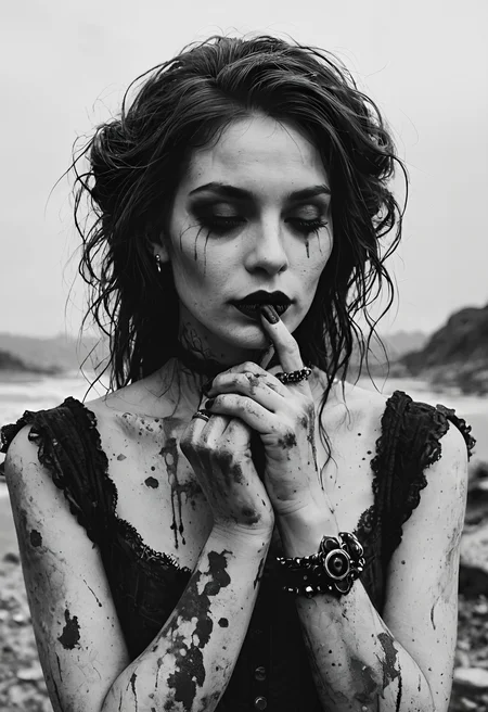 score_9, score_8_up, score_7_up, source_photo, gothic, monochromatic, monochrome, muted_color, digital photography, flat colors, vintage dirt, artifacts, heavy film grain, 1girl, mature_female, dark atmosphere, eerie, Angled wrist close-up, rating_explicit, <lora:pony\test\Gothic_Grain_Pony:1.0000000000000002>