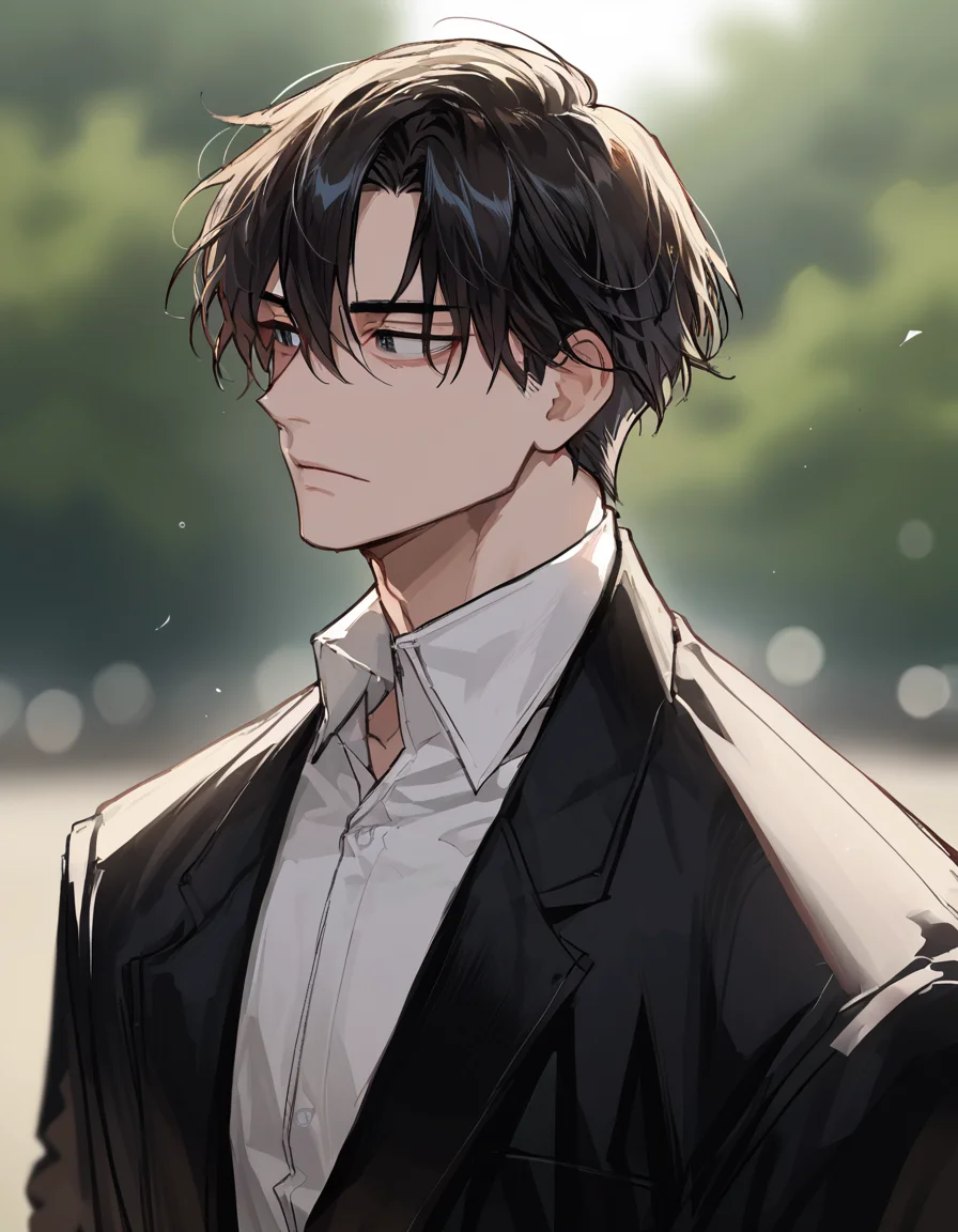 score_9, score_8_up, score_7_up, source_anime, solo, upper body, blurred background, 1boy, short hair, black hair, remsrar, eyes contact, <lora:remsrar:0.8>