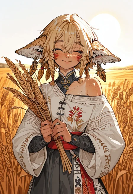 1 girl , wheat ears symbol , one girl , blond hair , freckles , body freckles , exposed shoulder , wheat field , setting sun , dramatic lighting , traditional clothing , face marking wheat ear marking , body marking , tan skin , cute smile , holding wheat ear ,
masterpiece, newest, absurdres, incredibly absurdres, 4ki4k4ne_illu , 4ur4_illu,shiny ,r17329_illu ,