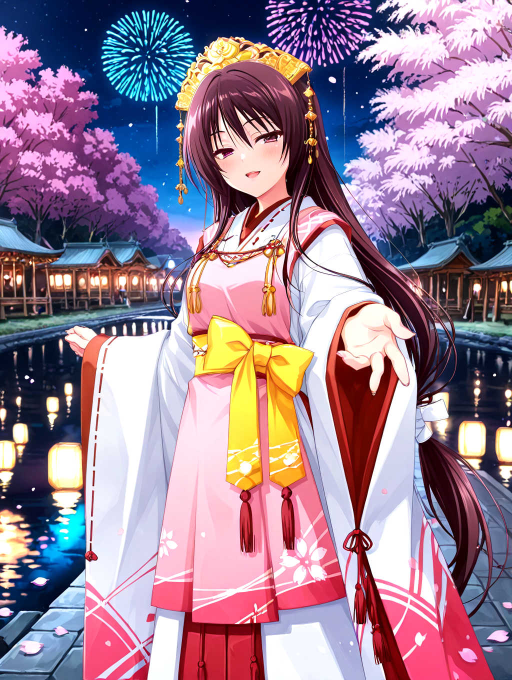 <lora:il-unohana-sakuya-KAMI:0.8>,il-unohana-sakuya,1girl,ukami outfit,solo,very long hair,wearing a pure white furisode kimono with long flowing sleeves and a floor-length hem,layered with red and pink fabrics,a  pink upper long apron integrated into the outfit,shrine maiden ceremonial outfit,golden headdress,yellow bow on waist,elegant white gown with a trailing hem,a ceremonial deep red pleated inner garment trailing beneath the outer white kimono,
<lora:hanabitaikai:0.7>,hanabitaikai,aerial fireworks,colorful,cowboy_shot,solo focus,
fireworks,night,sky,sakura tree,river,reflection,floating sakura petals,
looking at viewer,blush,half-closed eyes,seductive smile,open mouth,reaching towards viewer,
masterpiece,best quality,newest,absurdres,highres,detailed eyes,beautiful,detailed background,perfect eyes,anime coloring,anime screencap,
<lora:add-detail-xl:1>,<lora:ponyv4_noob1_2_adamW-000017:0.8>,wear clothes,