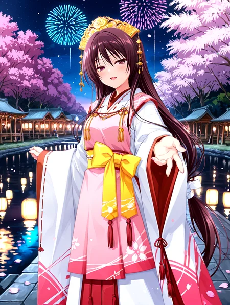<lora:il-unohana-sakuya-KAMI:0.8>,il-unohana-sakuya,1girl,ukami outfit,solo,very long hair,wearing a pure white furisode kimono with long flowing sleeves and a floor-length hem,layered with red and pink fabrics,a  pink upper long apron integrated into the outfit,shrine maiden ceremonial outfit,golden headdress,yellow bow on waist,elegant white gown with a trailing hem,a ceremonial deep red pleated inner garment trailing beneath the outer white kimono,
<lora:hanabitaikai:0.7>,hanabitaikai,aerial fireworks,colorful,cowboy_shot,solo focus,
fireworks,night,sky,sakura tree,river,reflection,floating sakura petals,
looking at viewer,blush,half-closed eyes,seductive smile,open mouth,reaching towards viewer,
masterpiece,best quality,newest,absurdres,highres,detailed eyes,beautiful,detailed background,perfect eyes,anime coloring,anime screencap,
<lora:add-detail-xl:1>,<lora:ponyv4_noob1_2_adamW-000017:0.8>,wear clothes,