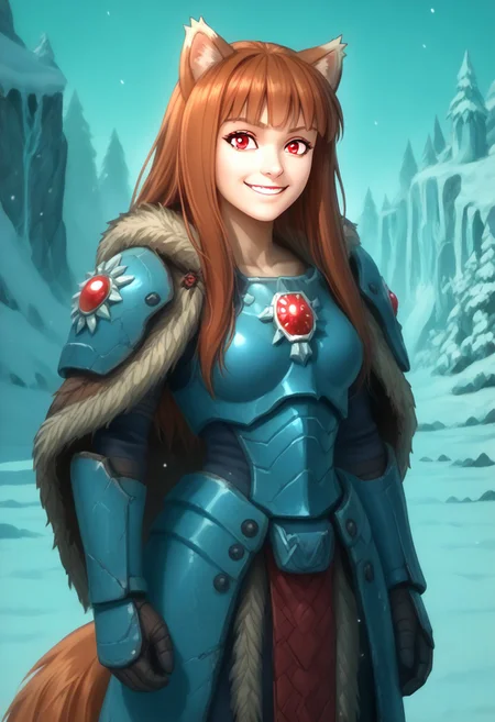 score_9, score_8_up, score_7_up, masterpiece, perfecteyes, holo, brown hair,long hair,red eyes, wolf girl,wolf ear,wolf tail, solo, , looking at the viewer, detailed background, wearing power armor, spcwlf, front view, proud smile, ice, snow, icy cavern, outdoors, fur cloak, holo in spcwlf armor, hands akimbo, she says "Afraid not citizen, holo protects"