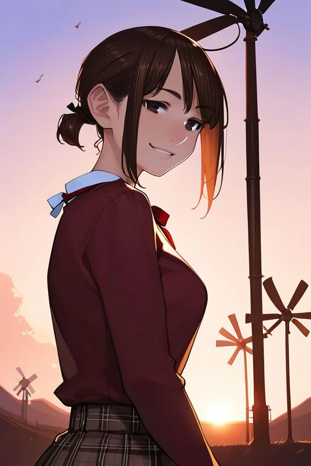 score_9, score_8_up, score_7_up, 1girl, smirk, dark_brown hair, straight-across_fringe, ahoge, dark_brown eyes, breasts, neck ribbon, windmill, backlighting <lora:yomu_(sgt_epper)_PonyXL_style_v01:1>
