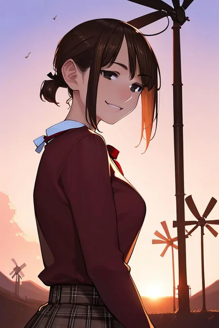 score_9, score_8_up, score_7_up, 1girl, smirk, dark_brown hair, straight-across_fringe, ahoge, dark_brown eyes, breasts, neck ribbon, windmill, backlighting <lora:yomu_(sgt_epper)_PonyXL_style_v01:1>