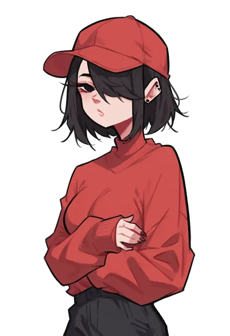 <lora:dijor-v2:1> dijor, score_9, score_8_up, score_7_up, 1girl, solo, red sweater, [large breast:0.3], black bob hair, hair covering one eye, red cap,