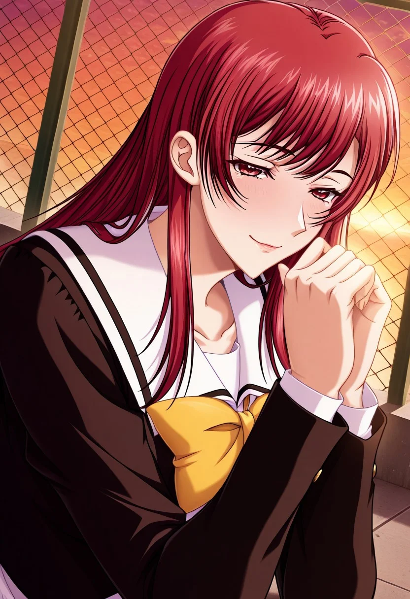 masterpiece, best quality, newest, highres, uncensored, 1girl, yokota mamoru style,1girl,
Aiba Sakura,Long Hair, Red Hair, Red Eyes,Slim
1girl, solo, blue eyes, sunset, school uniform, chain-link fence, long hair, fence, bow, hair intakes, dutch angle, own hands together, hair bow, long sleeves, rooftop,seductive smile ,torogao,looking at the viewer
