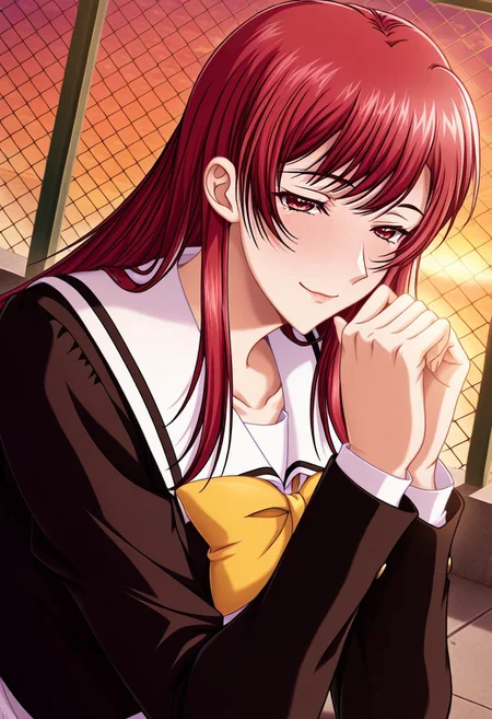masterpiece, best quality, newest, highres, uncensored, 1girl, yokota mamoru style,1girl,
Aiba Sakura,Long Hair, Red Hair, Red Eyes,Slim
1girl, solo, blue eyes, sunset, school uniform, chain-link fence, long hair, fence, bow, hair intakes, dutch angle, own hands together, hair bow, long sleeves, rooftop,seductive smile ,torogao,looking at the viewer