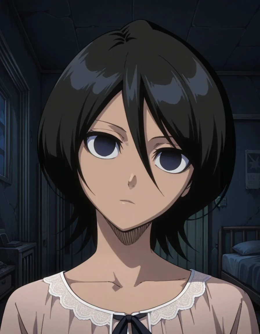 masterpiece, best quality, <lora:Mind_Controlled_Rukia:1>, 4ukia, short hair, black hair, dark blue eyes, expressionless, empty eyes, (head tilt, nightgown:1.2), face focus, abandoned japanese bedroom,