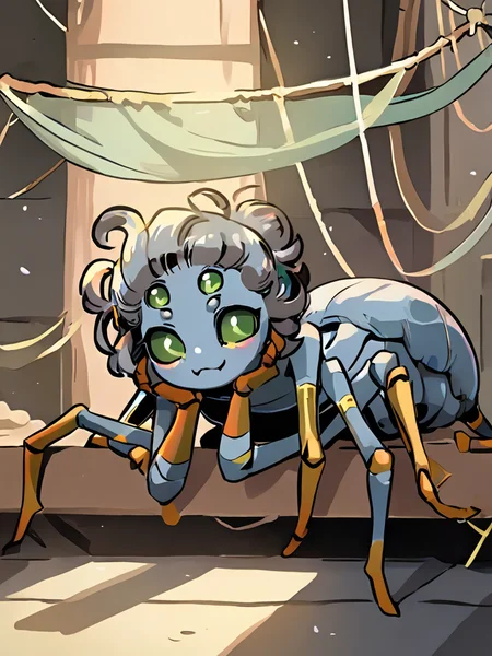 score_9, score_8_up, score_7_up, volumetric lighting, , , , arachne, a cartoon character sitting on a large piece of art, 1girl, solo, looking at viewer, smile, green eyes, grey hair, colored skin, monster girl, colored sclera, head rest, blue skin, antennae, grey skin, extra eyes, arthropod girl, <lora:hades_pony_v2-1:0.8>