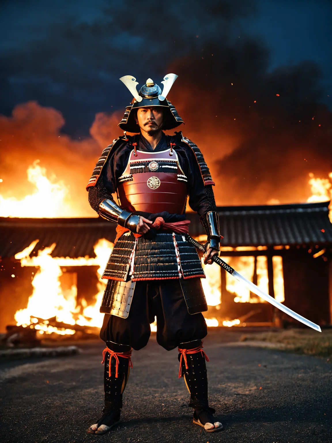 best quality, masterpieces,
a man with angry face in samurai armor without mask who preparing to draw his sword and standing in front of devastated houses which on fire, firing background,
midnight, dark sky, blood moon, dark theme,
heavy shadow, film photography, soft focus, soft lighting, subsurface scattering, realistic,
<lora:hina_samurai_armor_sdxl_rank32:0.5>