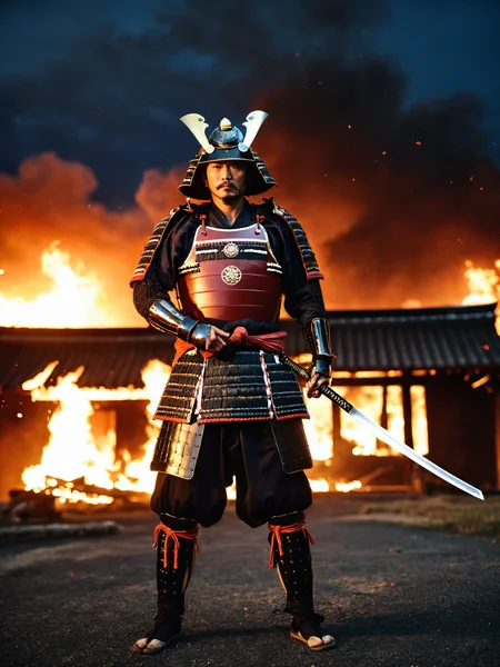best quality, masterpieces,
a man with angry face in samurai armor without mask who preparing to draw his sword and standing in front of devastated houses which on fire, firing background,
midnight, dark sky, blood moon, dark theme,
heavy shadow, film photography, soft focus, soft lighting, subsurface scattering, realistic,
<lora:hina_samurai_armor_sdxl_rank32:0.5>