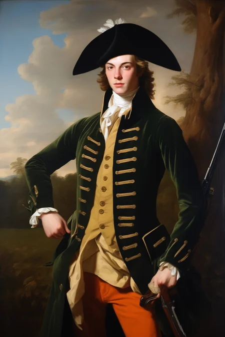 John Singleton Copley Style - British, 20 years old, man, nobility, gentleman, hunter. Lively, entusiastic, filled with vitality. Thin, light, athletic. Dressed in hunting garb. 18th century. Looking straight forward. Oil painting.