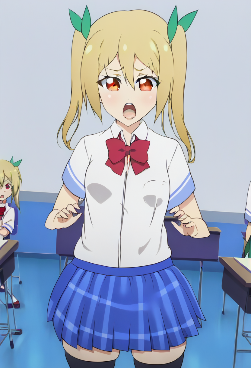 Akane Segawa \(And you thought there is never a girl online?\), blonde hair, thighhighs, open mouth, school uniform, skirt, classroom, bow, twintails, <lora:Akane-Segawa_PonyXL:1>, <lora:cutesexyrobutts_style_xl_goofy:1> , <lora:D-ART_XL-V2:1>
