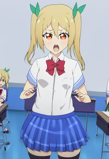 Akane Segawa \(And you thought there is never a girl online?\), blonde hair, thighhighs, open mouth, school uniform, skirt, classroom, bow, twintails, <lora:Akane-Segawa_PonyXL:1>, <lora:cutesexyrobutts_style_xl_goofy:1> , <lora:D-ART_XL-V2:1>