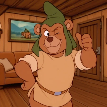 masterpiece, best quality, amazing quality, gruffi, male, furry male, anthro, solo, bear, brown fur, black eyes, tan muzzle, brown nose, paw pads, short, green hat, brown shirt, brown belt, standing, smile, thumbs up, wink, indoors, living room