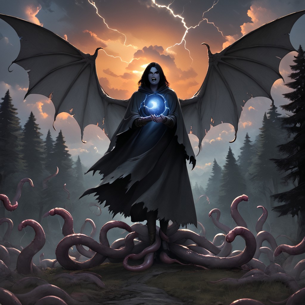 monster, nature, lightning, standing, sharp teeth, cloak, armor, tentacles, orb, wings, forest, black hair, cloudy sky, sunset, colored sclera, robe