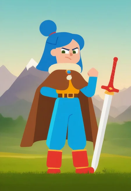 score_9, score_8_up, score_7_up, score_6_up, score_5_up, score_4_up, 
1girl, solo, full body, blue hair, long hair, green eyes, half updo, hair bun, topknot, bangs, sidelocks, closed mouth, serious, light smile, jewelry, red footwear, yellow armor, blue pants, red shorts, brown capelet, blue sleeves, yellow tunic, mountain, clenched hands, cloud, sky, outdoors, day, blue sky, standing, clenched hand, shoes, weapon, horizon, sword, baggy pants, grass, pants, looking to the side, mountainous horizon, long sleeves, sheath, fighting stance, belt, armor, boots, floating hair, fur trim, scabbard, sheathed, shoulder belt, belt buckle, fur collar, faulds, rope, rope belt, sword behind back, greatsword, red gemstone, brooch, layered clothes, layered legwear, layered sleeves, shorts, capelet, tunic, buckle, legs apart, ankle boots,