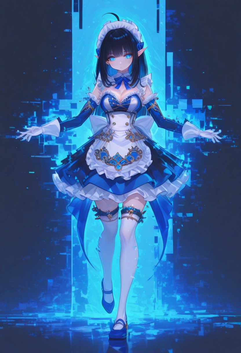 best quality, masterpiece, anime, vivid colors,
KRMirianne, pointy ears, blue eyes, black hair, gloves, long hair, maid headdress, cleavage, white gloves, blue footwear, dress, white thighhighs, apron, frills, shoes, detached sleeves,
4ur4_illu,shiny, xxx667_illu, glowing, glitch