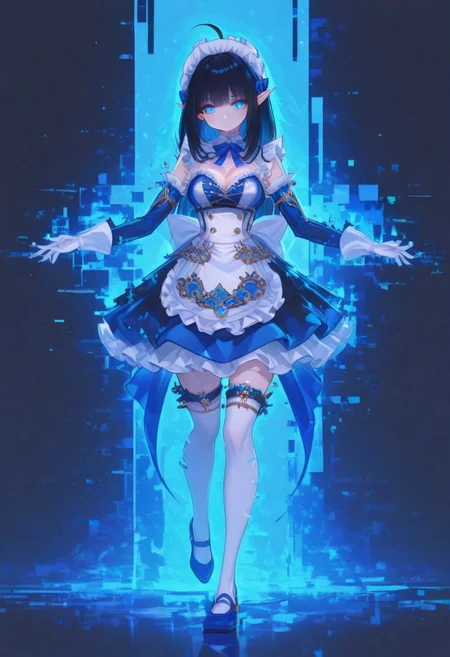 best quality, masterpiece, anime, vivid colors,
KRMirianne, pointy ears, blue eyes, black hair, gloves, long hair, maid headdress, cleavage, white gloves, blue footwear, dress, white thighhighs, apron, frills, shoes, detached sleeves,
4ur4_illu,shiny, xxx667_illu, glowing, glitch