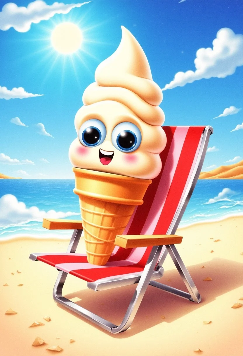 A giant ice cream cone with eyes and a smile lounging on a beach chair under a sunny sky, illustration in the style of BRSH