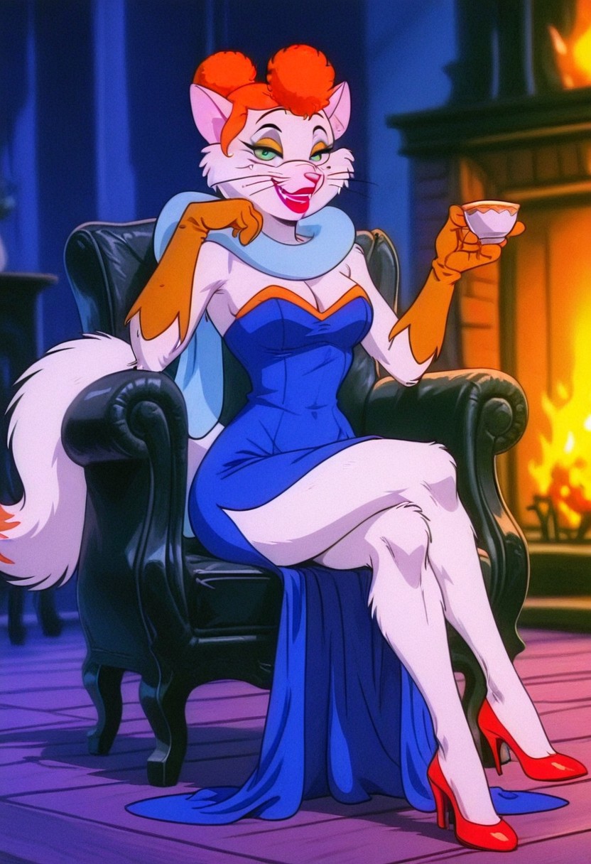 KittyDC, 1girl, solo, cat girl, furry female, anthro, mature woman, short hair, orange hair, curly hair,  hair bun, green eyes, yellow sclera, animal ears, pink snout, whiskers, red lipstick, makeup,  large breast, thick thighs, large cat fluffy tail, colored skin, white body fur, cleavage, blue dress, strapless dress, brown elbow gloves, dress with side slit, shoes, high heels, long fur blue scarf, fangs,,
,seductive pose, sexy pose, tease, 
masterpiece, best quality, fine details, intricate details, depth of field, subsurface scattering, bokeh,
 ultra-detailed, very aesthetic, detailed background, newest, scenery, highres, absurdres, colorful, vibrant, glowing, perfect face, 2d, perfect eyes,  vibrant saturated colors, volumetric lighting, sharp, detailed eyes, perfect anatomy,  perfect face, perfect eyes, mature body, clear eyes, beautiful eyes, athletic, curvy body, athletic girl, perky tits, perfect tits, round breasts, pinup pose, teasing, lustful expression, perfect hands, 
muscular female, dutch angle, 
 living room, dark room, gothic interior, fireplace, sitting on armchair, crossed legs, holding teacup, seductive smile, parted lips, looking at viewer,  head rest,
 , ,Smooth Negative, 90s_anime_aesthetic, 1990s (style), dark_fantasy_style, dark fantasy, retro,