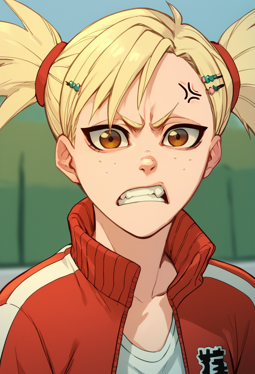 hiyorisarugaki, 1girl, blonde hair, solo, track jacket, hairclip,clenched teeth,  short twintails, freckles, brown eyes, tank top, angry, outdoors, anger vein, looking at viewer ,open mouth,    <lora:HiyoriSarugakiPony1.2:1>, score_9, score_8_up, score_7_up, score_6_up, score_5_up, score_4_up, looking at viewer,