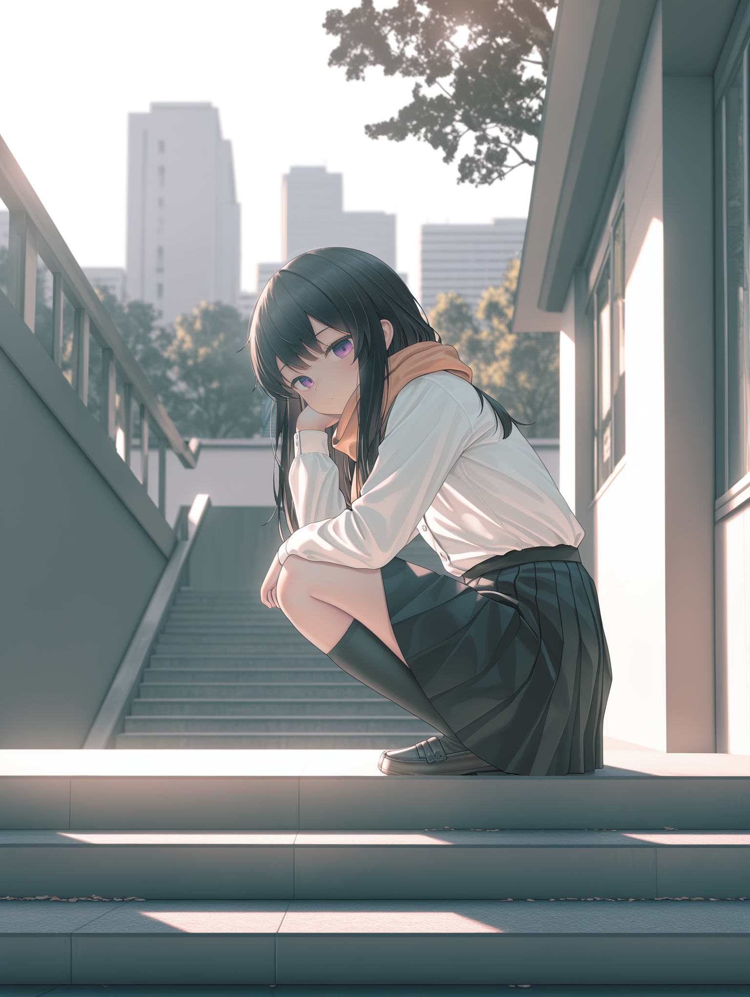 moody lighting,strong lighting,soft lighting, (nj \(imnj\):1.4), (chen bin:1.2),(nep,zukky000:0.4),(qizhu:1.1) niji style, 1girl, black hair, black skirt, blurry, blurry background, building, buttons, squatting, cityscape, day, depth of field, from side, hand up, kneehighs, long hair, long sleeves, looking at viewer, outdoors, pleated skirt, purple eyes, scenery, school, scarf, shirt, sitting, skirt, socks, solo, stairs, table, tree, white shirt, wide shot
,masterpiece,best quality,amazing quality,