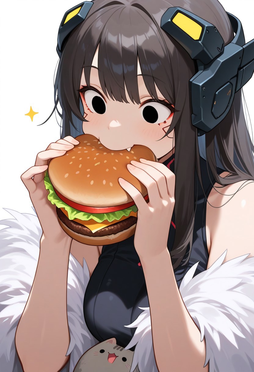 (masterpiece, best quality, high quality, highres), very awa, highres, absurdres,
(solo:1.2), Pusheen, solid circle eyes, skin_fangs, 
(eating burger:1.1), 
(cyberpunk head gear:0.9), 
feather_boa, 
simple white background