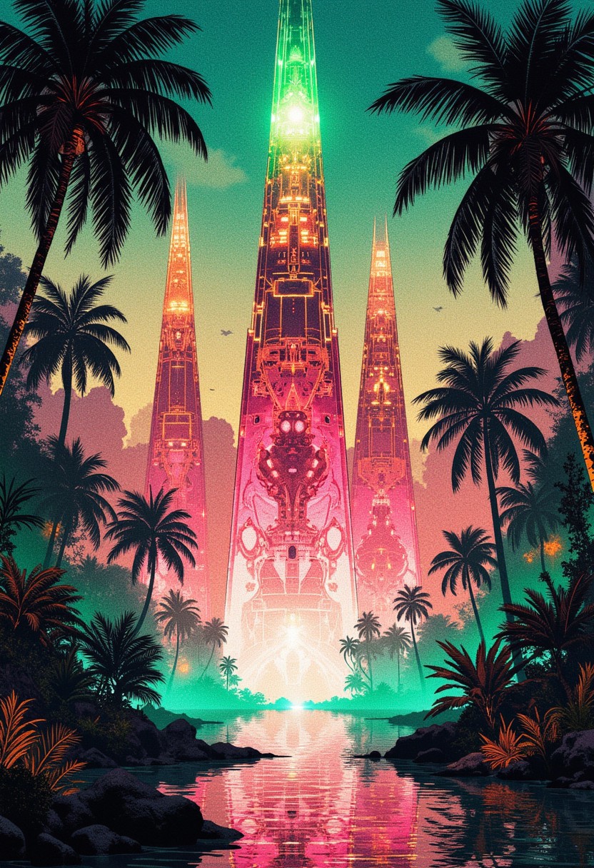 A digital anime artwork in the style of cklg, A digital painting in the style of ck-js, At the center of a verdant tropical oasis under a timeless, starless night, massive pyramids of futuristic nano-glass dominate the landscape. Their towering, crystalline forms glow with a fiery neon light—radiant pinks, electric greens, and molten oranges—that dance in ever-changing, cascading holographic patterns, like liquid fire flowing across the surfaces. The oasis is alive with reflections: pools of still water mirror the vibrant pyramids, distorting the colors into swirling, dreamlike ripples. Tropical plants and tall palms frame the glowing structures, their silhouettes accented by gentle halos of refracted light. The air is thick with mist, catching the neon fire and diffusing it into a surreal luminescence that illuminates the lush environment. A soft hum, like the pulsing of an unseen energy core, resonates throughout the scene, heightening the ethereal and futuristic atmosphere