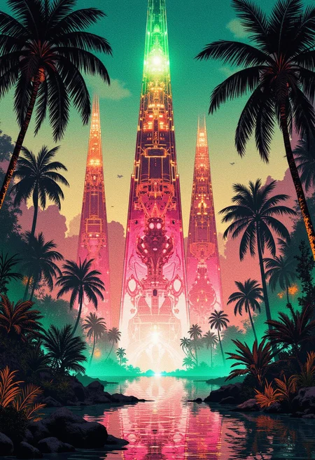 A digital anime artwork in the style of cklg, A digital painting in the style of ck-js, At the center of a verdant tropical oasis under a timeless, starless night, massive pyramids of futuristic nano-glass dominate the landscape. Their towering, crystalline forms glow with a fiery neon light—radiant pinks, electric greens, and molten oranges—that dance in ever-changing, cascading holographic patterns, like liquid fire flowing across the surfaces. The oasis is alive with reflections: pools of still water mirror the vibrant pyramids, distorting the colors into swirling, dreamlike ripples. Tropical plants and tall palms frame the glowing structures, their silhouettes accented by gentle halos of refracted light. The air is thick with mist, catching the neon fire and diffusing it into a surreal luminescence that illuminates the lush environment. A soft hum, like the pulsing of an unseen energy core, resonates throughout the scene, heightening the ethereal and futuristic atmosphere